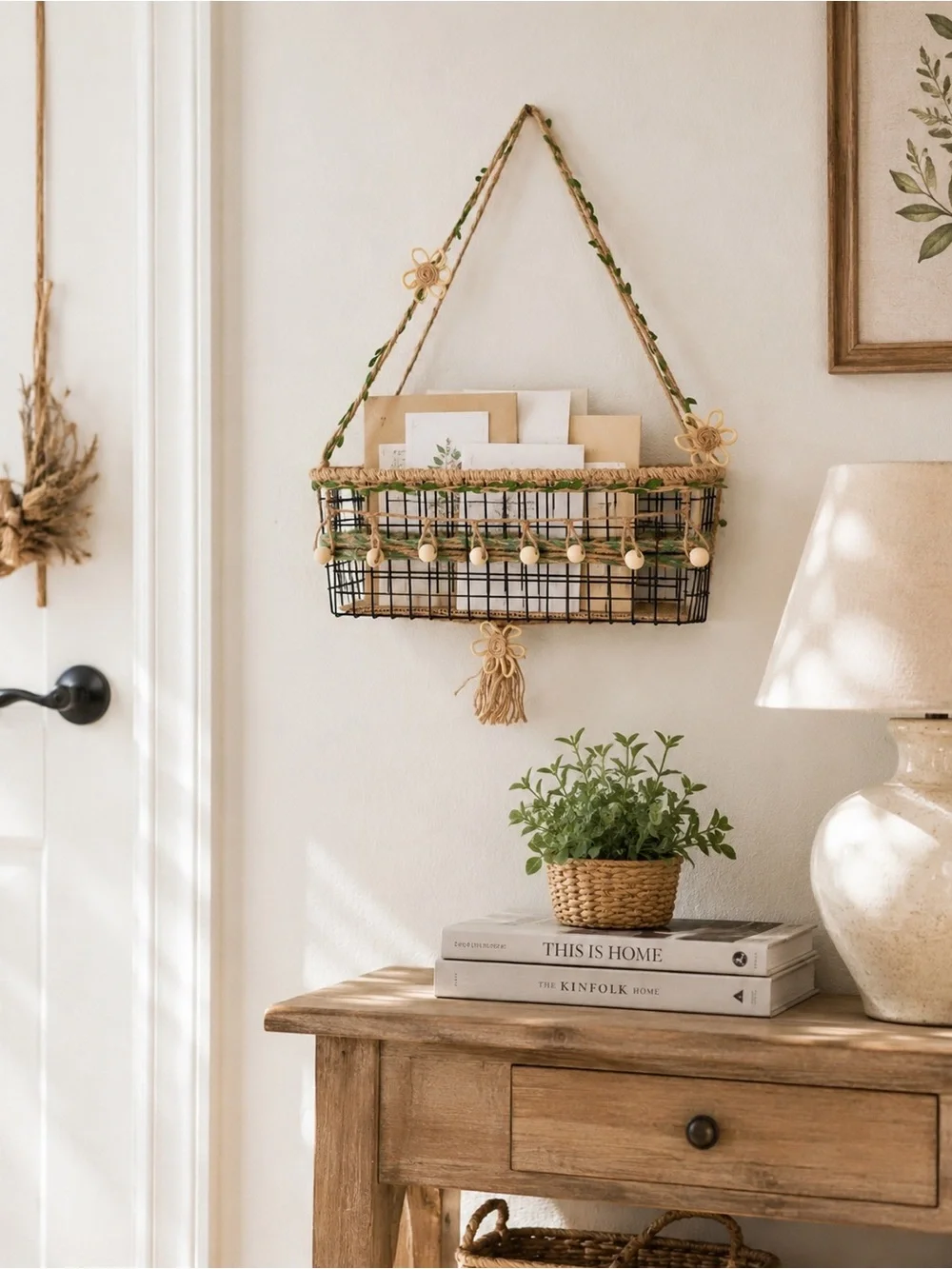 Boho Wall Basket Organizer, Rustic Hanging Storage Basket, Farmhouse Decor